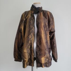 Vtg LAVON 80-90s Women L Windbreaker Jacket Top Coat Black Gold Snakeskin Shiny